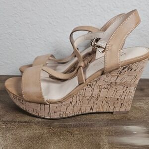 Michael Shannon Libby Tan Cork Wedge Sandals T-Strap Platform Heels Womens 9